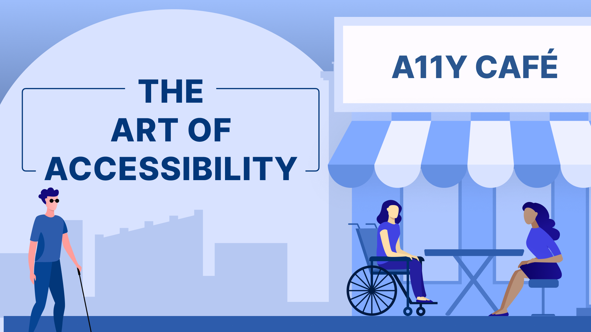 The Art of Accessibility artwork showing people outside a café, including a wheelchair user and a person with a white cane